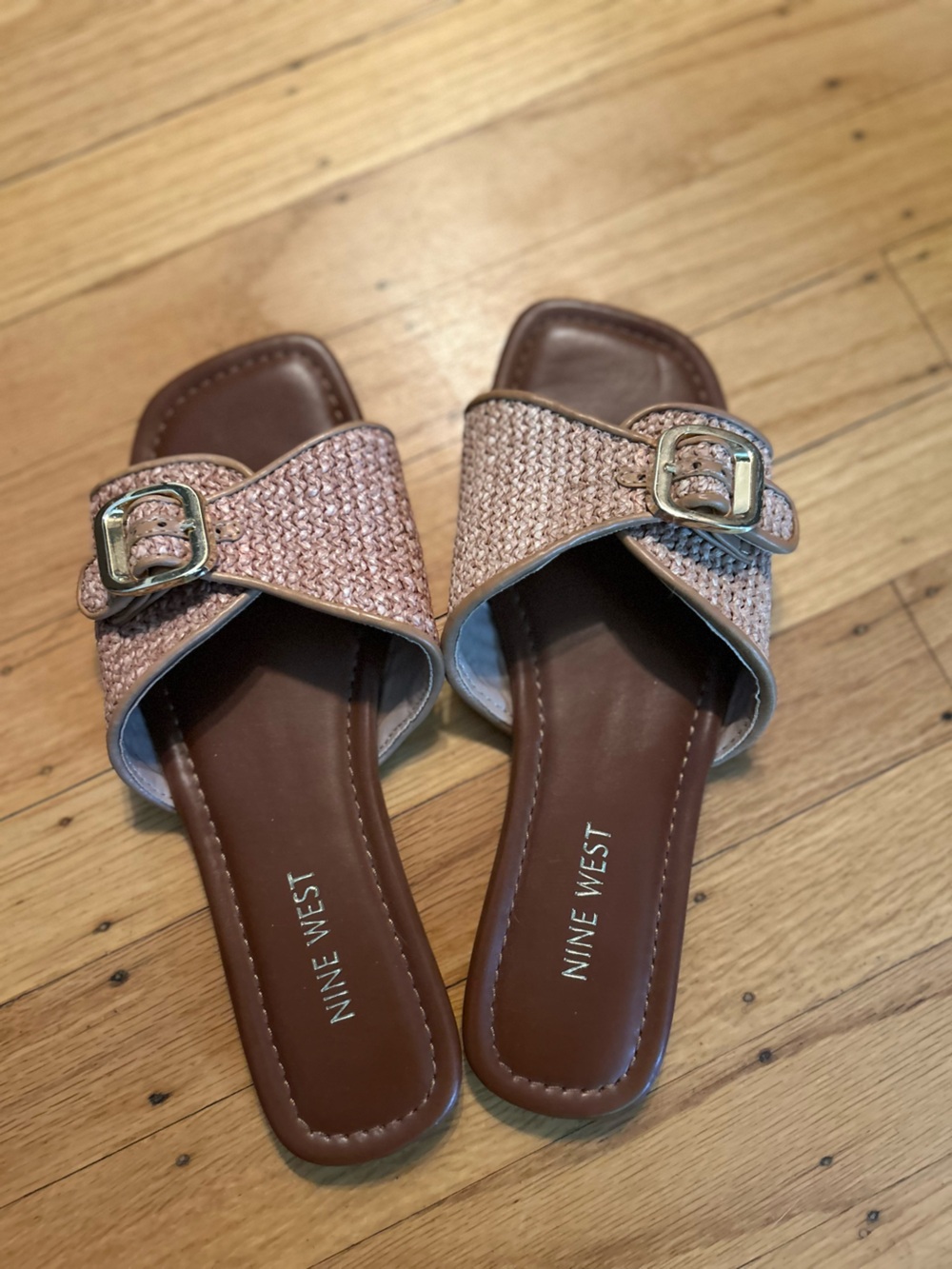 Nine West Blush Woven Slide Mules with Gold Buckle